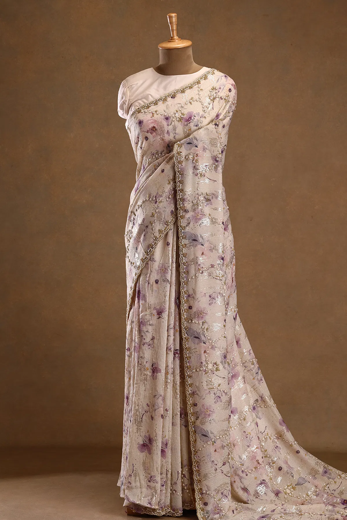 Off white sequins embroidered georgette